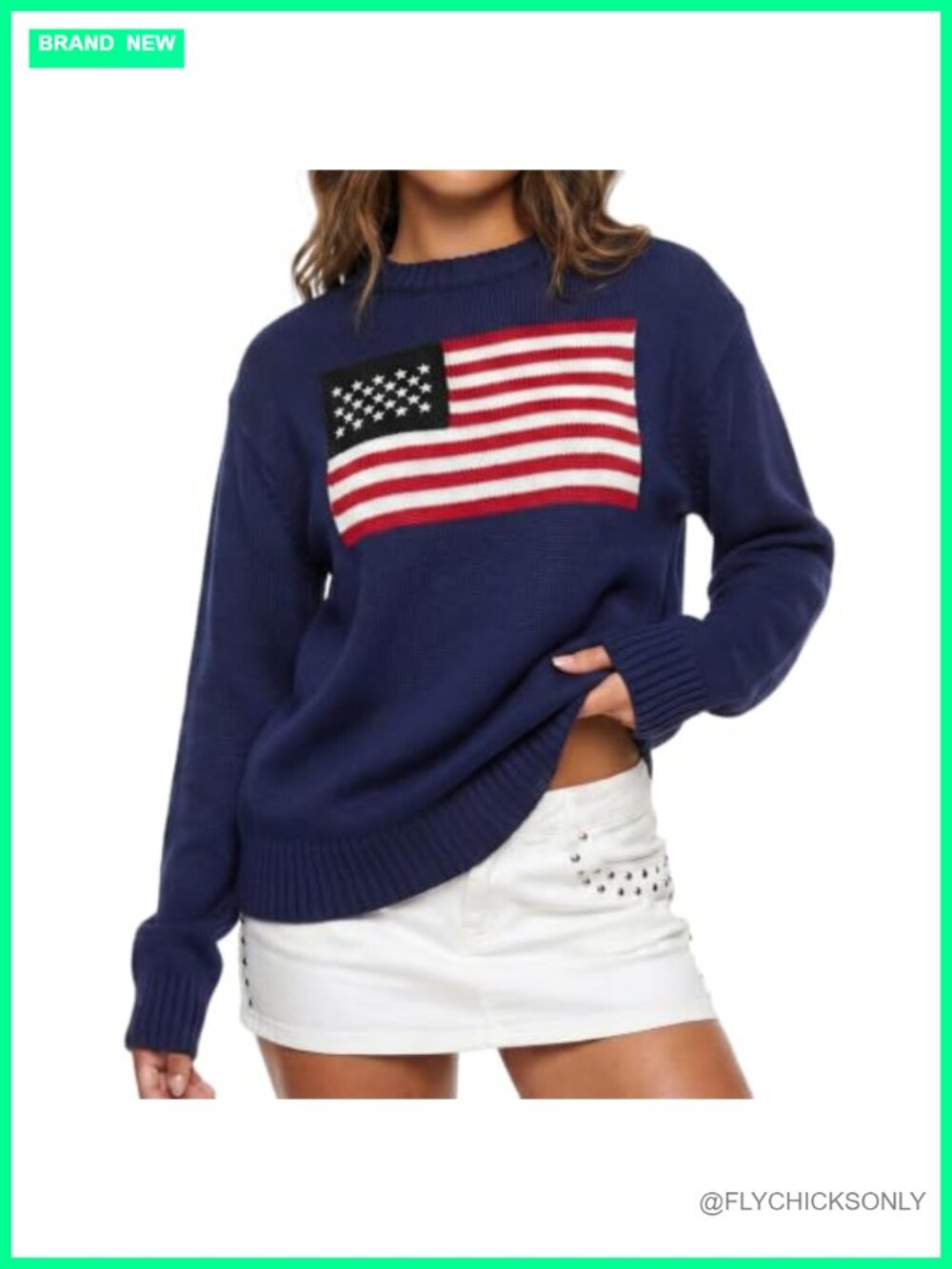Oversized American Flag Knit Pullover Sweater Long Sleeve Patriotic